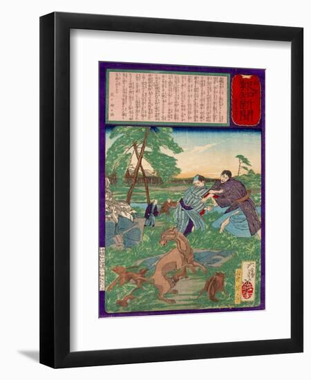 Ukiyo-E Newspaper: Racoons Saves a Weasel from a Vicious Dog-Yoshitoshi Tsukioka-Framed Premium Giclee Print