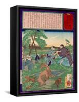 Ukiyo-E Newspaper: Racoons Saves a Weasel from a Vicious Dog-Yoshitoshi Tsukioka-Framed Stretched Canvas