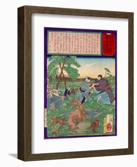 Ukiyo-E Newspaper: Racoons Saves a Weasel from a Vicious Dog-Yoshitoshi Tsukioka-Framed Giclee Print