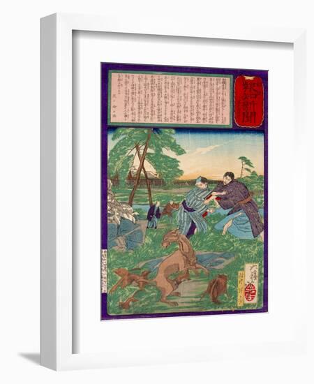 Ukiyo-E Newspaper: Racoons Saves a Weasel from a Vicious Dog-Yoshitoshi Tsukioka-Framed Giclee Print