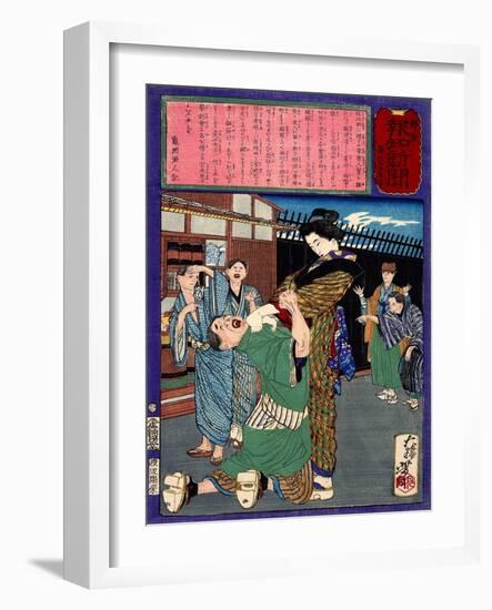 Ukiyo-E Newspaper: Renowned Swordswoman Hanako Miyamoto Punishes a Drunkard-Yoshitoshi Tsukioka-Framed Giclee Print