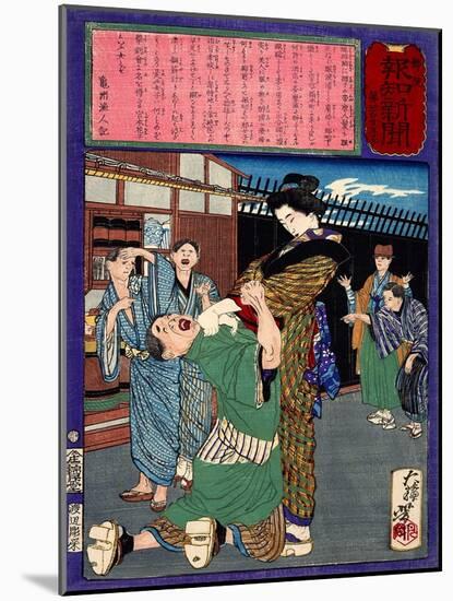 Ukiyo-E Newspaper: Renowned Swordswoman Hanako Miyamoto Punishes a Drunkard-Yoshitoshi Tsukioka-Mounted Giclee Print