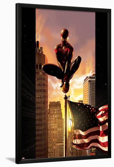 Ultimate Comics Spider-Man No.7 Cover: Spider-Man Sitting on Top of a Flag Pole in the City-Kaare Andrews-Lamina Framed Poster