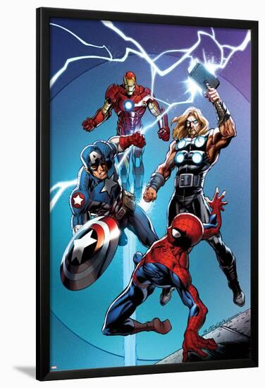 Ultimate Spider-Man No.157 Cover: Spider-Man, Captain America, Thor, and Iron Man-Mark Bagley-Lamina Framed Poster