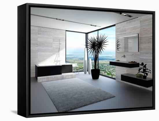 Ultramodern Bathroom Interior with Luxury Furniture and Marble Wall and Panoramic View-PlusONE-Framed Stretched Canvas