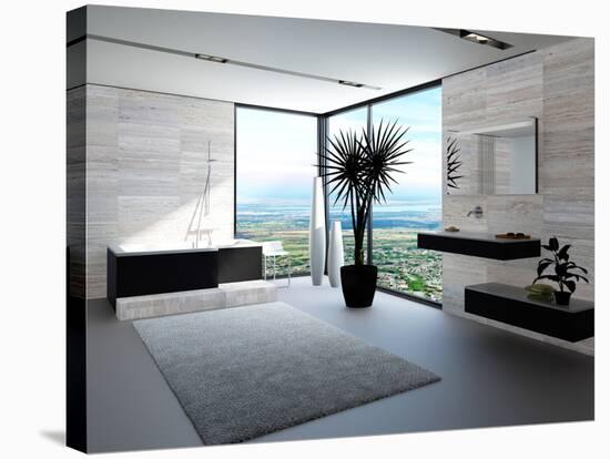 Ultramodern Bathroom Interior with Luxury Furniture and Marble Wall and Panoramic View-PlusONE-Stretched Canvas