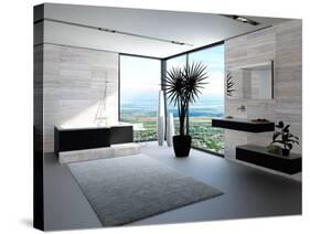 Ultramodern Bathroom Interior with Luxury Furniture and Marble Wall and Panoramic View-PlusONE-Stretched Canvas