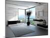 Ultramodern Bathroom Interior with Luxury Furniture and Marble Wall and Panoramic View-PlusONE-Mounted Photographic Print