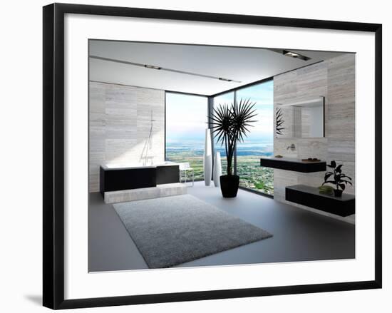 Ultramodern Bathroom Interior with Luxury Furniture and Marble Wall and Panoramic View-PlusONE-Framed Photographic Print