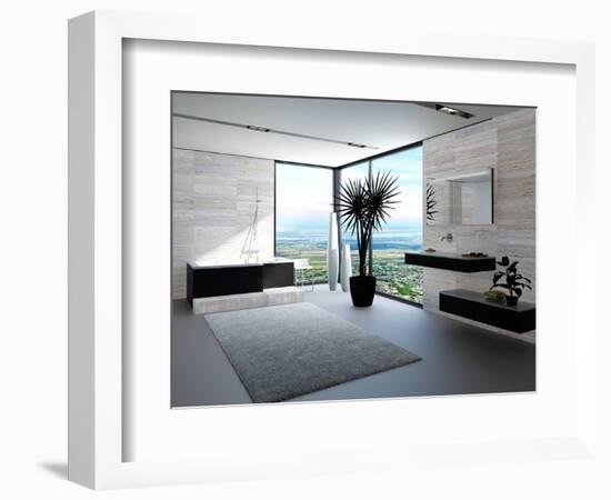 Ultramodern Bathroom Interior with Luxury Furniture and Marble Wall and Panoramic View-PlusONE-Framed Photographic Print