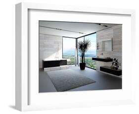 Ultramodern Bathroom Interior with Luxury Furniture and Marble Wall and Panoramic View-PlusONE-Framed Photographic Print