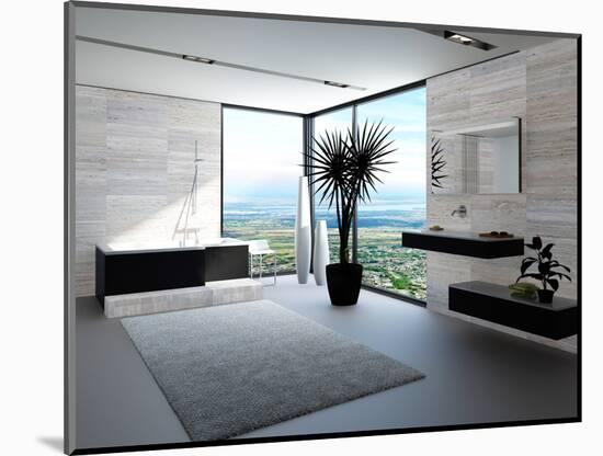 Ultramodern Bathroom Interior with Luxury Furniture and Marble Wall and Panoramic View-PlusONE-Mounted Photographic Print