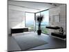Ultramodern Bathroom Interior with Luxury Furniture and Marble Wall and Panoramic View-PlusONE-Mounted Photographic Print