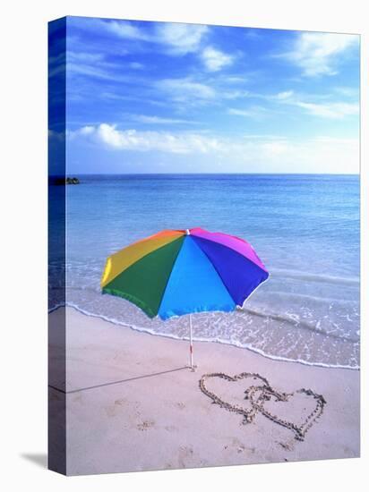 Umbrella on the Beach with Hearts Drawn in the Sand-Bill Bachmann-Stretched Canvas