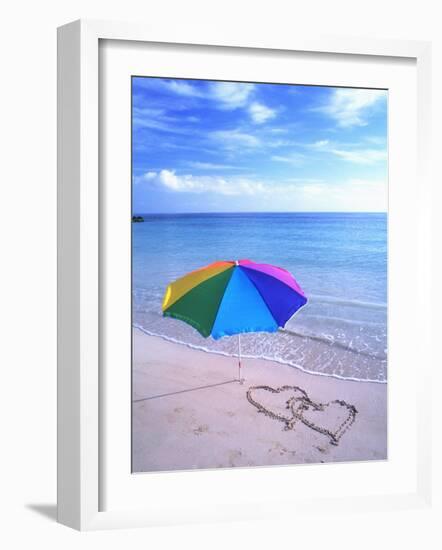 Umbrella on the Beach with Hearts Drawn in the Sand-Bill Bachmann-Framed Photographic Print