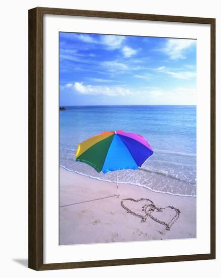 Umbrella on the Beach with Hearts Drawn in the Sand-Bill Bachmann-Framed Photographic Print