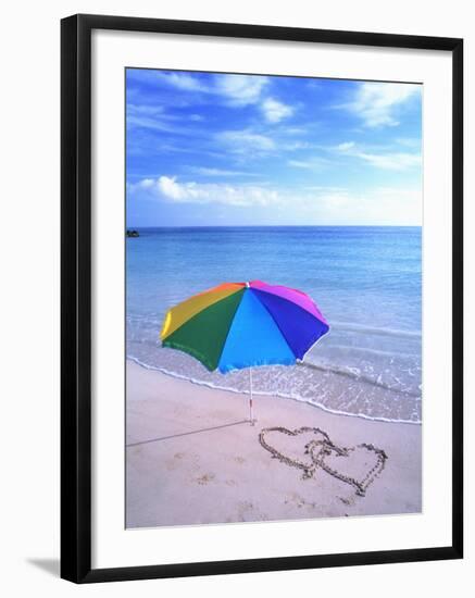 Umbrella on the Beach with Hearts Drawn in the Sand-Bill Bachmann-Framed Photographic Print