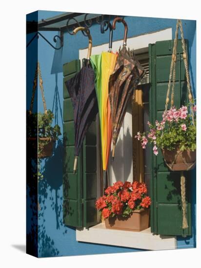 Umbrellas Drying Outside Window with Geranium Pots, Burano, Venetian Lagoon, Veneto, Italy-James Emmerson-Stretched Canvas