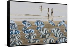 Umbrellas on the Beach, Family in the Sea, Jesolo, Venetian Lagoon, Veneto, Italy-James Emmerson-Framed Stretched Canvas