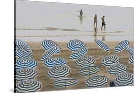 Umbrellas on the Beach, Family in the Sea, Jesolo, Venetian Lagoon, Veneto, Italy-James Emmerson-Stretched Canvas