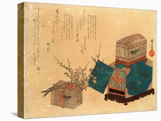 Ume Ni Kago No Uguisu, Caged Bush Warbler and Plum. Print Shows Two Birdcages, One Sitting on a Box-null-Stretched Canvas