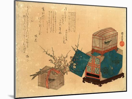 Ume Ni Kago No Uguisu, Caged Bush Warbler and Plum. Print Shows Two Birdcages, One Sitting on a Box-null-Mounted Giclee Print