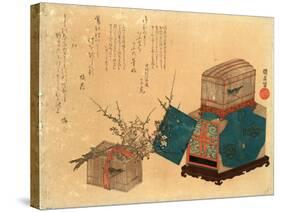 Ume Ni Kago No Uguisu, Caged Bush Warbler and Plum. Print Shows Two Birdcages, One Sitting on a Box-null-Stretched Canvas