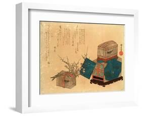 Ume Ni Kago No Uguisu, Caged Bush Warbler and Plum. Print Shows Two Birdcages, One Sitting on a Box-null-Framed Giclee Print