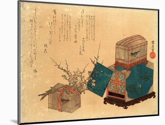 Ume Ni Kago No Uguisu, Caged Bush Warbler and Plum. Print Shows Two Birdcages, One Sitting on a Box-null-Mounted Giclee Print