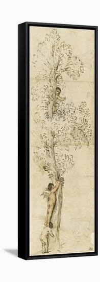 Un amour dans un arbre sur lequel monte un autre amour, aidé d'un enfant-Guerchin Le-Framed Stretched Canvas