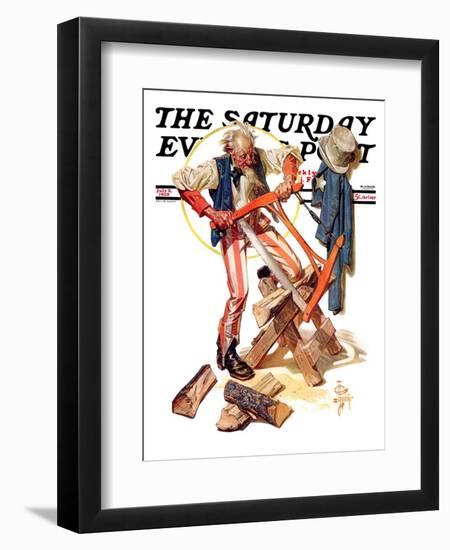 "Uncle Sam Sawing Wood," Saturday Evening Post Cover, July 2, 1932-Joseph Christian Leyendecker-Framed Giclee Print