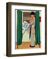 "Undecided"  November 4, 1944.  Man in voting booth w/newspaper.-Norman Rockwell-Framed Giclee Print