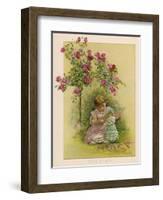 Under a Rose Bush in the Garden, a Little Girl Adjusts Her Doll's Clothing-null-Framed Art Print