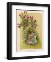 Under a Rose Bush in the Garden, a Little Girl Adjusts Her Doll's Clothing-null-Framed Art Print