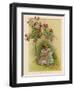 Under a Rose Bush in the Garden, a Little Girl Adjusts Her Doll's Clothing-null-Framed Art Print