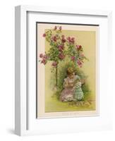 Under a Rose Bush in the Garden, a Little Girl Adjusts Her Doll's Clothing-null-Framed Art Print