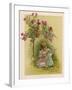 Under a Rose Bush in the Garden, a Little Girl Adjusts Her Doll's Clothing-null-Framed Art Print