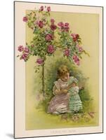 Under a Rose Bush in the Garden, a Little Girl Adjusts Her Doll's Clothing-null-Mounted Art Print