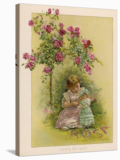 Under a Rose Bush in the Garden, a Little Girl Adjusts Her Doll's Clothing-null-Stretched Canvas
