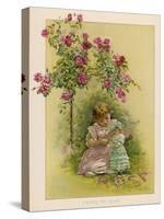 Under a Rose Bush in the Garden, a Little Girl Adjusts Her Doll's Clothing-null-Stretched Canvas