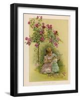 Under a Rose Bush in the Garden, a Little Girl Adjusts Her Doll's Clothing-null-Framed Art Print