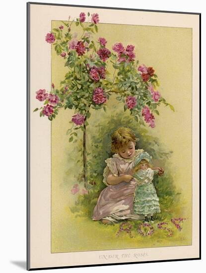 Under a Rose Bush in the Garden, a Little Girl Adjusts Her Doll's Clothing-null-Mounted Art Print