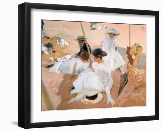 Under the awning, on the Beach at Zarautz. 1905-Joaquin Sorolla-Framed Giclee Print