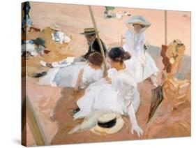 Under the awning, on the Beach at Zarautz. 1905-Joaquin Sorolla-Stretched Canvas