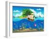 Undersea World with Island and Sailing Ship. Marine Life Landscape - the Ocean and the Underwater W-Nearbirds-Framed Art Print