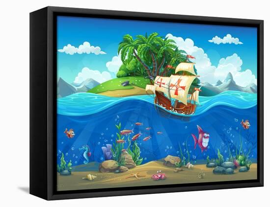 Undersea World with Island and Sailing Ship. Marine Life Landscape - the Ocean and the Underwater W-Nearbirds-Framed Stretched Canvas