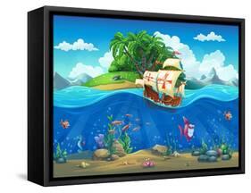 Undersea World with Island and Sailing Ship. Marine Life Landscape - the Ocean and the Underwater W-Nearbirds-Framed Stretched Canvas