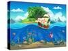 Undersea World with Island and Sailing Ship. Marine Life Landscape - the Ocean and the Underwater W-Nearbirds-Stretched Canvas