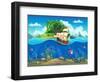 Undersea World with Island and Sailing Ship. Marine Life Landscape - the Ocean and the Underwater W-Nearbirds-Framed Art Print