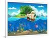 Undersea World with Island and Sailing Ship. Marine Life Landscape - the Ocean and the Underwater W-Nearbirds-Framed Art Print